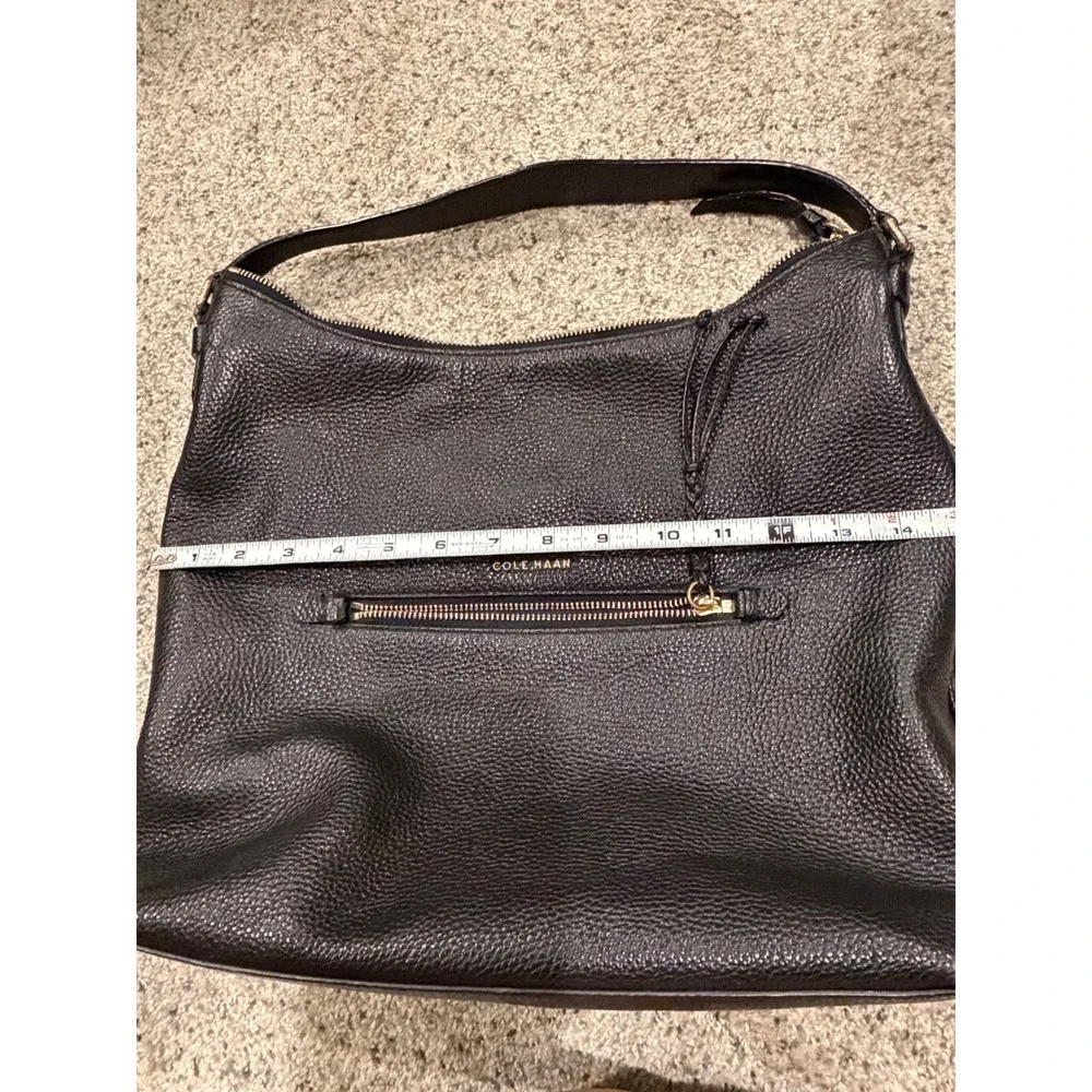 Cole Haan Black Pebbled Leather Hobo Shoulder Bag Gold Hardware Tassel Zip